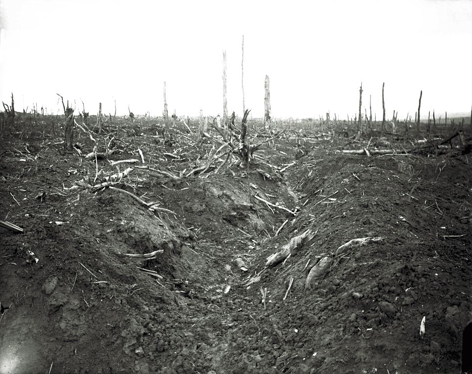 An abandoned trench destroyed by shellfire, Delville Wood near Longueval, Somme, September, 1916: 'Look at this lunar landscape, absolutely destroyed and broken, it looks as if nothing would ever grow again,' says Mr McCullin. 'The only battle I was in that was similarly devastating was the Tet offensive in 1968. The Americans were shelling the city of Hue from offshore, using Phantom fixed-wing planes to dive-bomb and drop napalm. By the time they had finished Hue was totally flattened, destroyed'